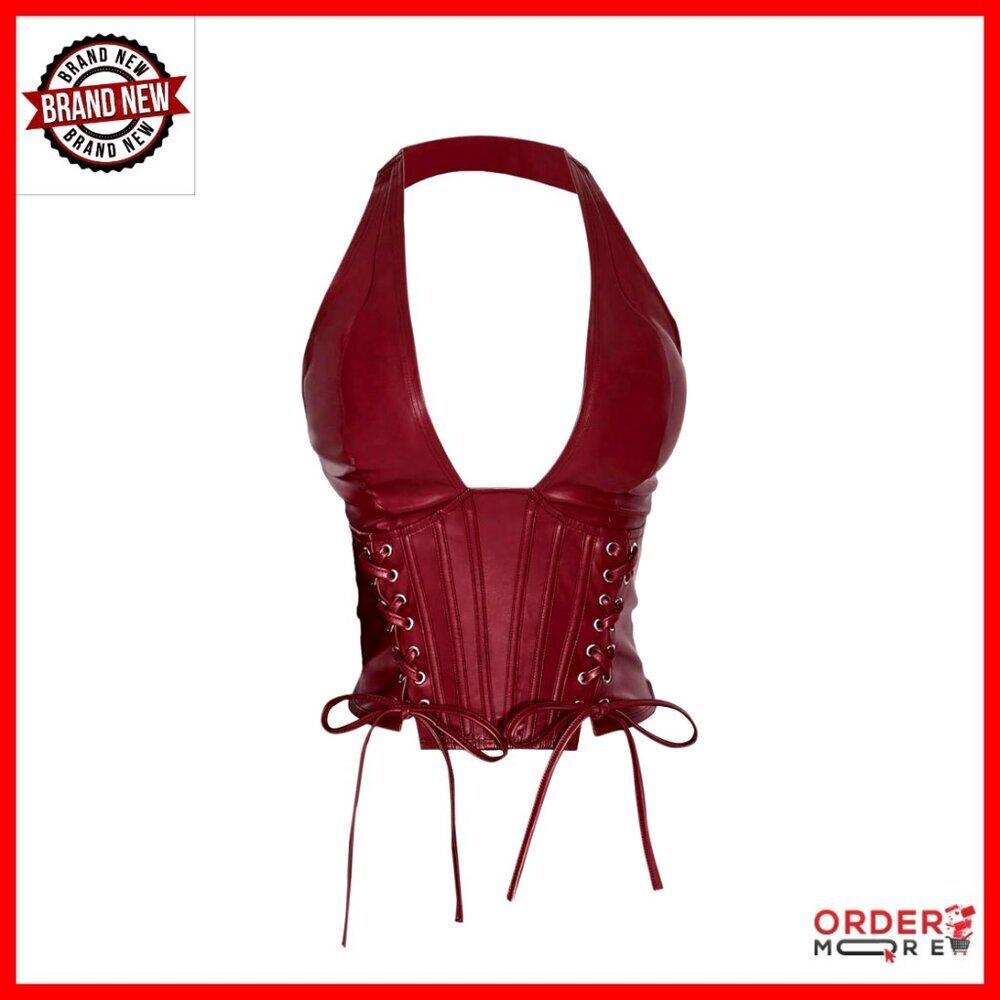 Plus Size Halter Top PU Leather Deep V Neck Lace Up Backless Sleeveless Crop